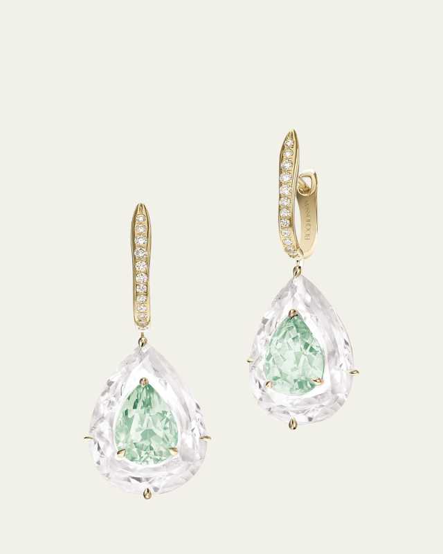 Inlay Shine 18K Gold Large Green Tourmaline and Rock Crystal Earrings